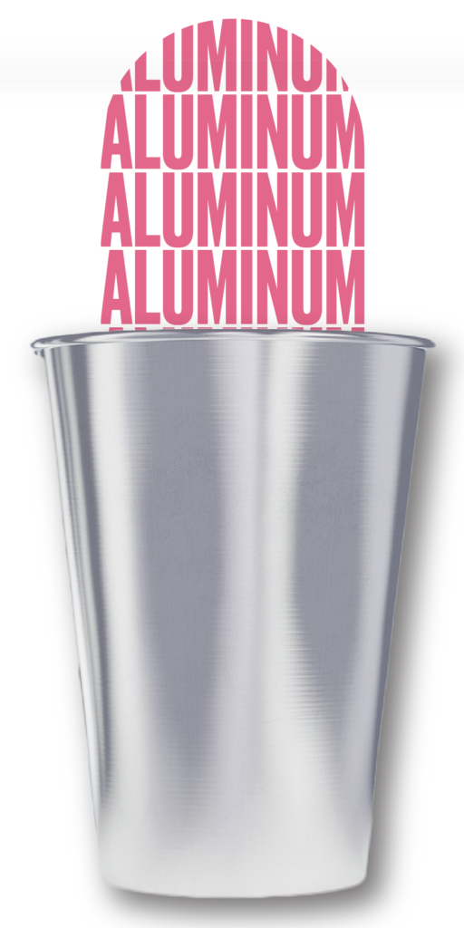 A picture of the LumiCup with the words aluminum repeated flowing out of the top.