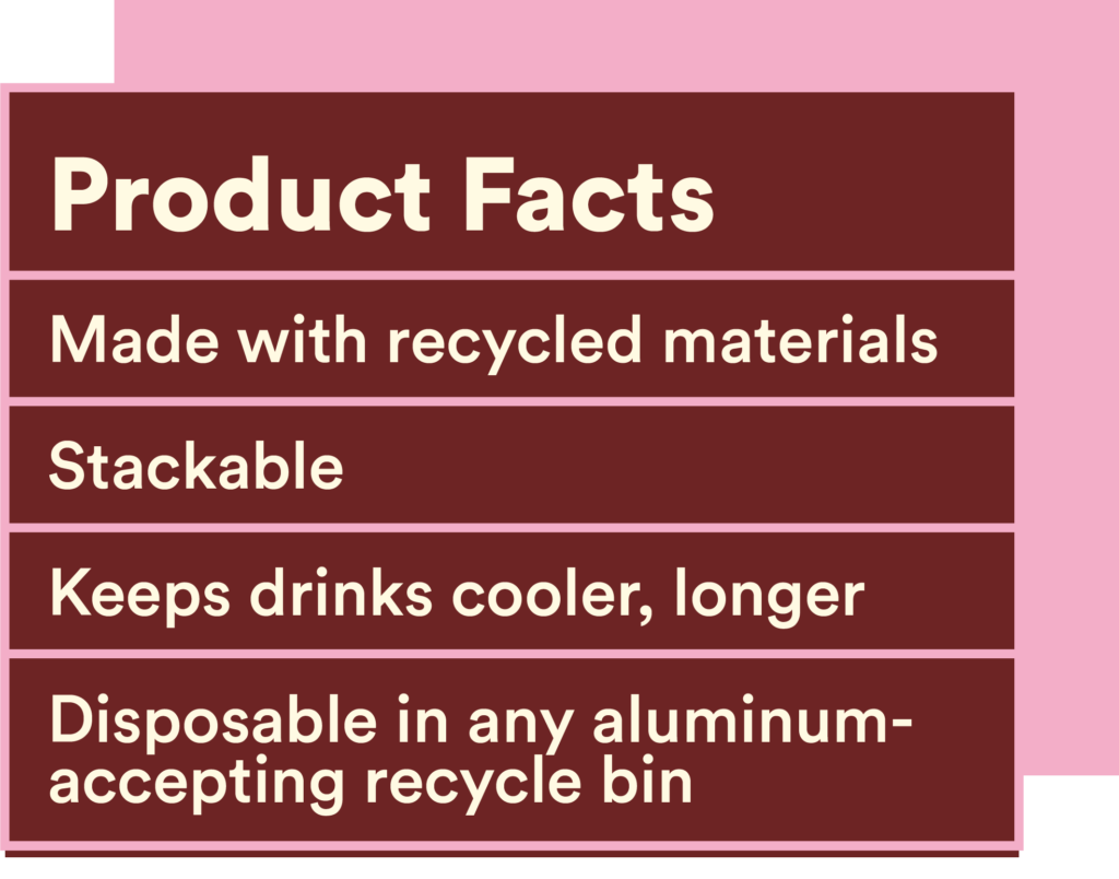 An illustration styled like a Nutritional Facts box that reads:
Product Facts
100% recycled materials
Stackable
Keeps drinks cooler, longer
Disposable in any aluminum-accepting recycle bin