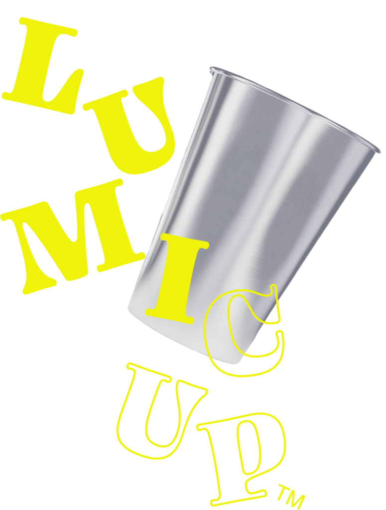 The logo for LumiCup superimposed over the LumiCup.