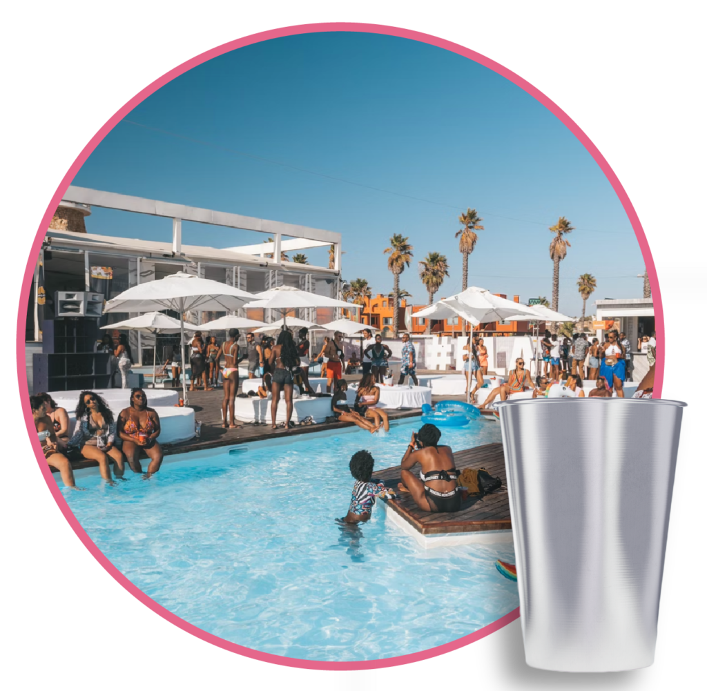 Circular image of a pool scene with the LumiCup hovered over it.