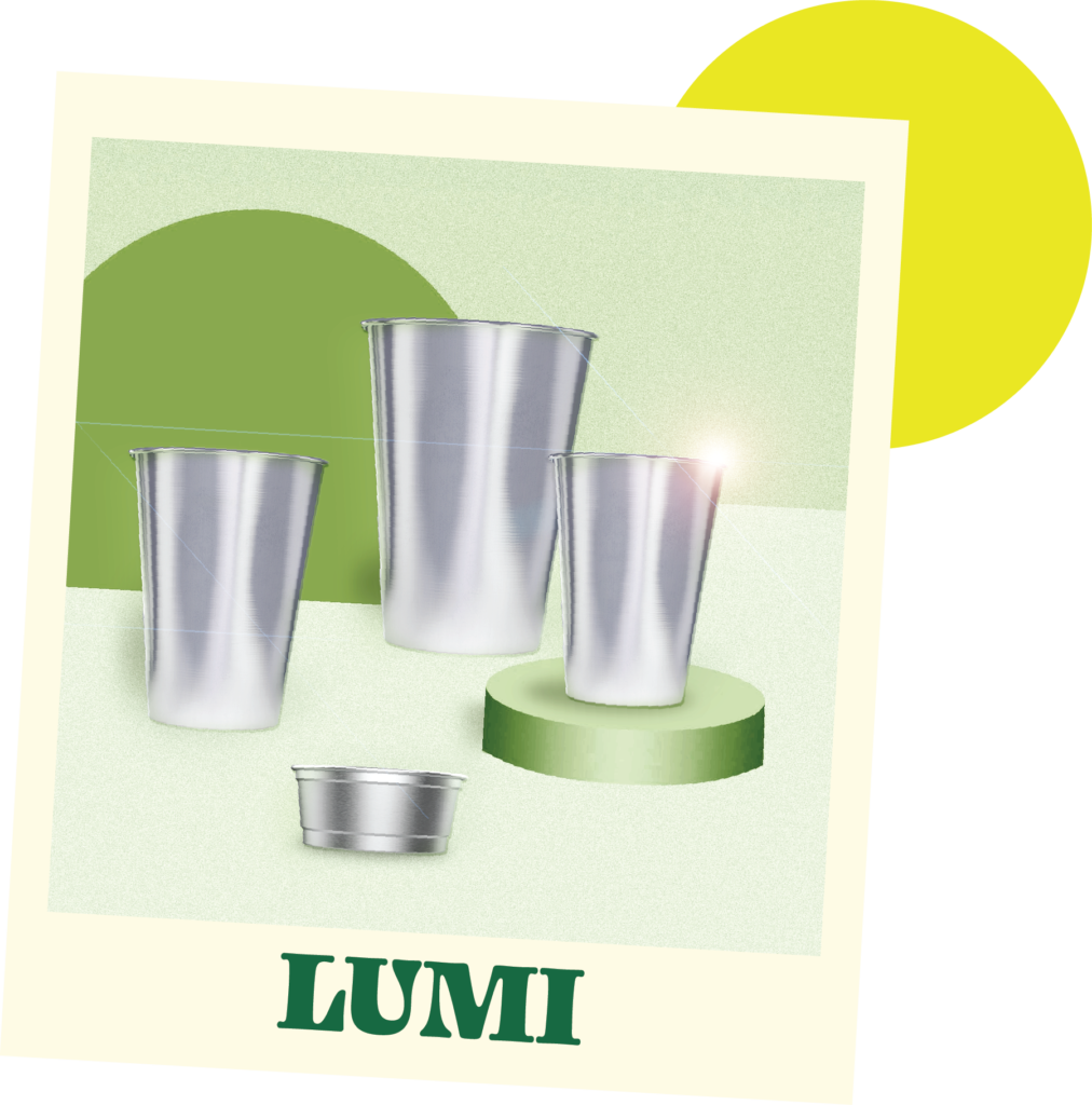 A poloraid-esque image showing the LumiCups and the LumiKin with the Lumi logo below it.